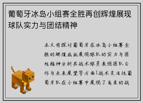 葡萄牙冰岛小组赛全胜再创辉煌展现球队实力与团结精神