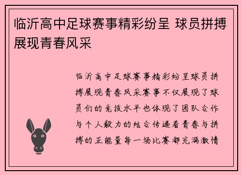 临沂高中足球赛事精彩纷呈 球员拼搏展现青春风采