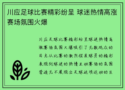 川应足球比赛精彩纷呈 球迷热情高涨赛场氛围火爆