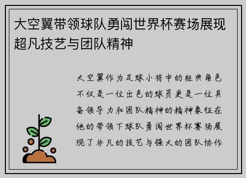 大空翼带领球队勇闯世界杯赛场展现超凡技艺与团队精神