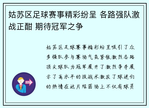 姑苏区足球赛事精彩纷呈 各路强队激战正酣 期待冠军之争