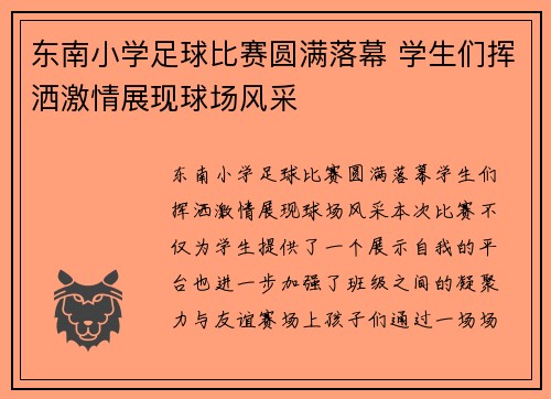 东南小学足球比赛圆满落幕 学生们挥洒激情展现球场风采