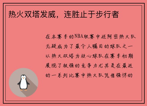 热火双塔发威，连胜止于步行者