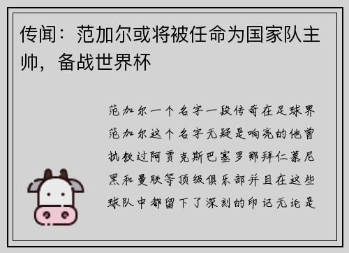 传闻：范加尔或将被任命为国家队主帅，备战世界杯