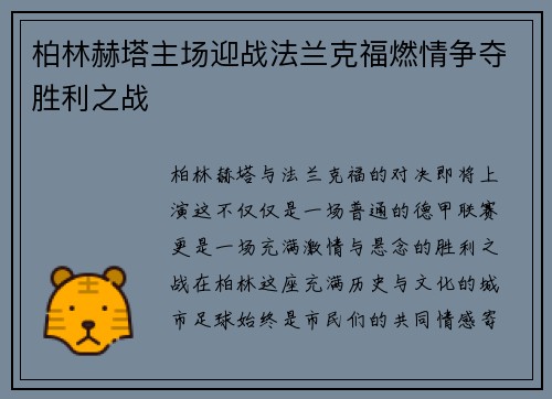 柏林赫塔主场迎战法兰克福燃情争夺胜利之战