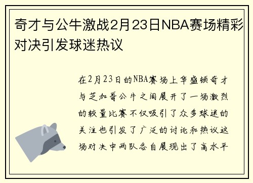 奇才与公牛激战2月23日NBA赛场精彩对决引发球迷热议