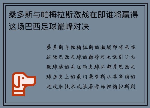 桑多斯与帕梅拉斯激战在即谁将赢得这场巴西足球巅峰对决