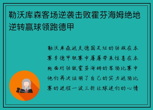 勒沃库森客场逆袭击败霍芬海姆绝地逆转赢球领跑德甲