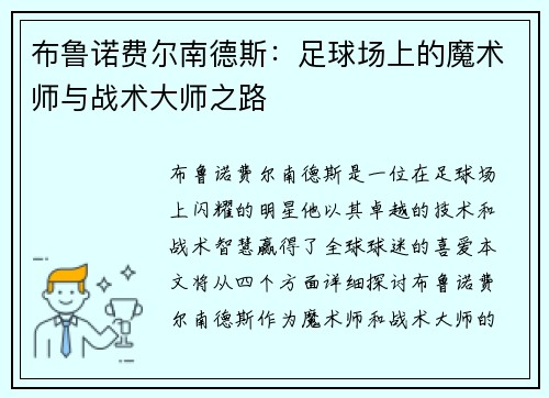 布鲁诺费尔南德斯：足球场上的魔术师与战术大师之路