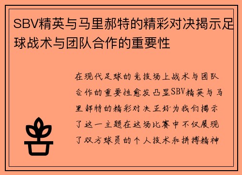 SBV精英与马里郝特的精彩对决揭示足球战术与团队合作的重要性