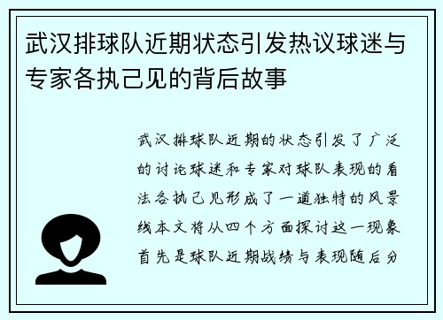 武汉排球队近期状态引发热议球迷与专家各执己见的背后故事