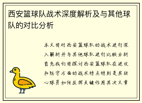 西安篮球队战术深度解析及与其他球队的对比分析