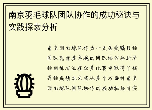 南京羽毛球队团队协作的成功秘诀与实践探索分析